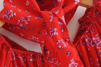 Moterų Kvadratinių Kaklo Gėlių Spausdinti Mini Suknelė su Skara Seksualus Gėlių Spausdinti Raudona Suknelė su Žibinto Lankelį