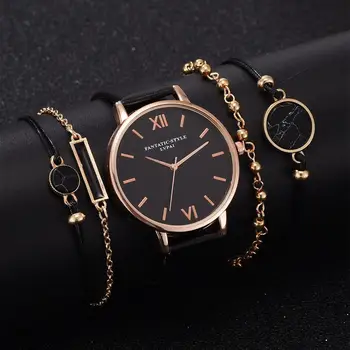 Moterų Laikrodžiai, Prabangūs 5vnt Gold Dial Mados Laikrodis Odos Watchband Sagtis Ponios Atsitiktinis Žiūrėti Moterų Laikrodis reloj mujer
