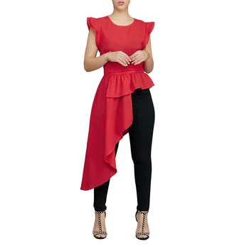 Moterų Marškinėliai Nereguliarus Ilgis Raukiniai Raudona Atsitiktinis Mados Vasarą Nešioti Peplum Bluas Elegantiškas Ponios Kietas Naujus moteriškus Viršūnes XL L M S