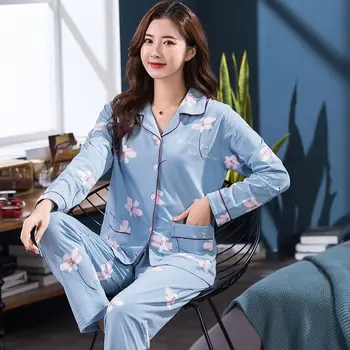 Moterų Pižama Rinkiniai Medvilnės Sleepwear Turn-žemyn Apykaklės ilgomis Rankovėmis Rudenį Plius Dydis Pyjama ažūriniai Moterų Atsitiktinis Homewear Pijama