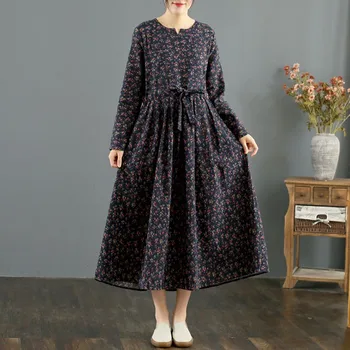 Moterų Rudenį Medvilnės Skalbiniai Ilgai Suknelė Naują 2020 M. Vintage Stiliaus Gėlių Spausdinti Laisvi, Patogūs Ponios-line Atsitiktinis Suknelės S1837