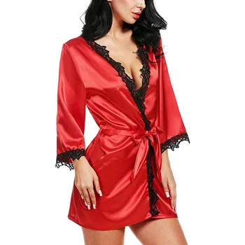 Moterų Sexy Satin Black Nėrinių Kraštais Trumpas Sleepshirts Nightgowns Vasaros Kietosios Spalvos, Satino Chalatas Kimono Sleepwear