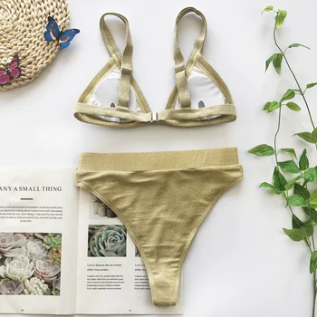 Moterų Sexy Thong Brazilijos Biquini Speciali Medžiaga Bikini Komplektas 2020 Metų Vasaros Maudymosi Kostiumėlį Aukso Aukšto Juosmens Paplūdimio Maudymosi Kostiumas