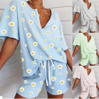 Moterų Sleepwear Daisy Gėlių Spausdinti Trumpi Pižama Moterims Pajama Nustatyti Saldus trumpomis Rankovėmis T Shirts & Šortai Vasarą Pijama