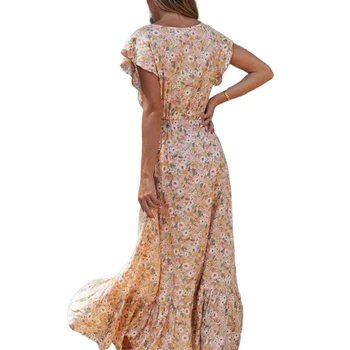 Moterų V-Kaklo Gėlių Spausdinti Ilga Suknelė Mados Moterų Vasaros Trumpos Pynimas Rankovės Nėrinių Atostogų Maxi Prarasti Šalis Suknelės 2020 Naujas