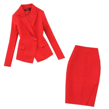 Moterų kostiumai 2019 naujų rudens didelio dydžio raudonos spalvos ilgomis rankovėmis vieną sagtį kostiumas mados maišelį klubo sijono kostiumas, dviejų dalių kostiumas