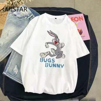 Moterų marškinėlius Bugs bunny atspausdintas T-shirt moterims, juokingas animacinių filmų atsitiktinis grafika tees moterų drabužiai balti topai marškinėliai moteriška