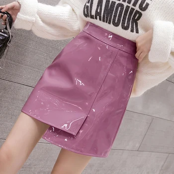 Moterų sijonai rudens žiemos šviesus split odos sijonai moterims atsitiktinis trumpas nereguliarus-line aukštos juosmens, rožinė, violetinė midi sijonai