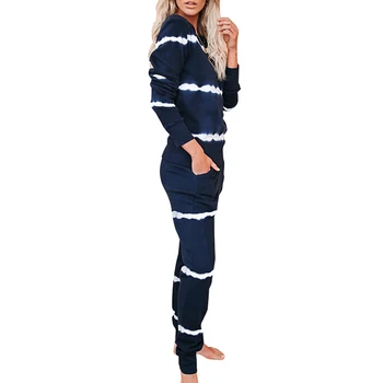 Mėlyna Ir Balta Dryžuotas Moterų Homewear Atsitiktinis Dviejų Dalių Rinkinys Ilgomis Rankovėmis Viršūnės Apvalios Kaklo Elastinga Juosmens Kelnės Minkštos Sleepwear