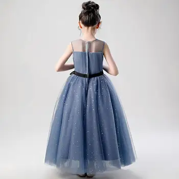 Mėlynos spalvos Nėrinių Perlai China Girl Dress Vestuvėms Inscenizacija Ilga Suknelė Gėlių Mergina Prom Dress Šventosios Komunijos Vaikai Mergina Oficialus Drabužiai