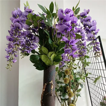 NAUJAS Wisteria gėlių vynmedžio šaką, vestuves dekoro, šilko, dirbtinės gėlės, kurių lapai sienos kabo violetinė flores