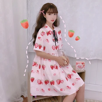Nauja Japonų Saldus Braškių Lolita Dress Moterų Kawaii Spausdinti Trumpomis Rankovėmis, Fairy Dress Minkštas Sesuo Arbatėlė Princesė Suknelės