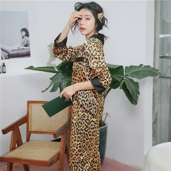 Nauja Seksuali Leopardas Spausdinti Pajama Nustatyti Nekilnojamojo Šilko Satino Kvėpuojantis Sleepwear ilgomis Rankovėmis Pijama Mujer Patogiai Moterų Namų Drabužiai