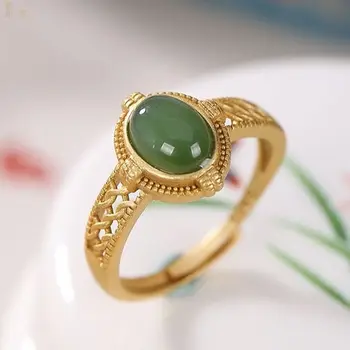 Nauja Sidabro Natūralus Jaspis, Ovalo formos Žiedas Šviesos Prabanga Hollowing Procesas Aukso Kilnus Kinijos Retro Stiliaus Moterų Prekės Papuošalai