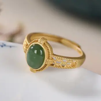 Nauja Sidabro Natūralus Jaspis, Ovalo formos Žiedas Šviesos Prabanga Hollowing Procesas Aukso Kilnus Kinijos Retro Stiliaus Moterų Prekės Papuošalai