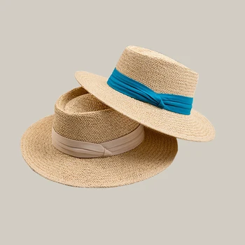 Nauja vasaros saulės, skrybėlę ponios mados mergaitė šiaudų skrybėlę juostelės laivapriekio paplūdimio skrybėlę atsitiktinis žolės flat top panamos skrybėlė kaulų moterų skydelis bžūp