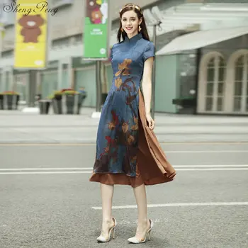 Nauja vasaros trumpomis rankovėmis moterų atlasas cheongsam qipao vakarinę suknelę, kinų, rytietiškas suknelė tradicinės kinų suknelė retro V744