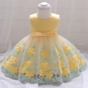 Naujagimio Mergaitė Princesė Suknelės Geltonos spalvos Nėrinių Suknelė Gėlės Lankas Mielas Gimtadienio Vasaros Ropa de Bebe Vestido infantil menina