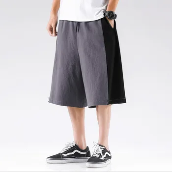 Naujas 2020 metų Vasaros vyrų Colorblock blauzdos ilgio kelnės,plius dydis medvilnės skalbiniai pločio kojų kelnės,M-8XL didelio dydžio, juodos, pilkos Kelnės