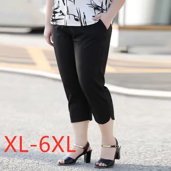 Naujas 2021 Korėja vasaros plius dydis capri kelnės moterims didelių palaidų atsitiktinis juodo šifono kišenės, tiesios kelnės 3XL 4XL 5XL 6XL