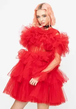 Naujas Atvykimo Prašmatnus Raudonas Pynimas Tiulio Mini Suknelė Moterims Reljefiniai Skirtingų Šalių Suknelė Mados Vien Ilgomis Rankovėmis Trumpą Tiulio Suknelės