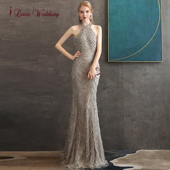 Naujas Mados 2020 M. Oficialią Suknelės Apynasrio Diamond Zawalcowany Rankovių Šampano Pamušalas Suknelės Elegantiškas Trimitas Vakare Gown Ilgai