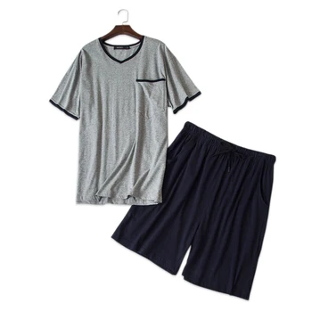 Naujas Plus size Vasaros grynos medvilnės vyrų pižama rinkiniai mados v-kaklo atsitiktinis medvilnė šortai sleepwear vyrų paprasta vyrų homewear
