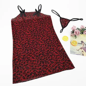 Naujas nightdress 2020 m Seksuali Moteris Lankas Leopardas Spausdinti Nėrinių Apdaila apatinis Trikotažas Babydoll Mini Suknelė + G-String #3
