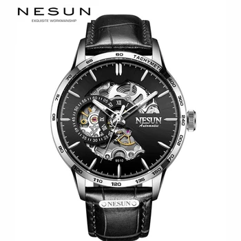 Naujas Šveicarija NESUN Automatinis Mechaninis laikrodis Prabangos Prekės vyriški Laikrodžiai Skeletas Žiūrėti Sapphire atsparus Vandeniui Tachymeter N9510