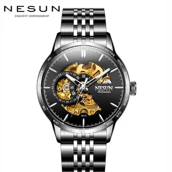 Naujas Šveicarija NESUN Automatinis Mechaninis laikrodis Prabangos Prekės vyriški Laikrodžiai Skeletas Žiūrėti Sapphire atsparus Vandeniui Tachymeter N9510
