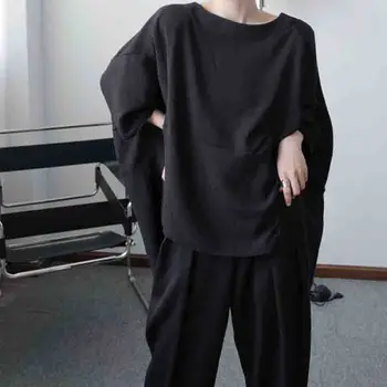 Negabaritinių marškinėliai tamsiai juoda korėjos Harajuku prarasti šikšnosparnių rankovėmis T-shirt vasaros vyriški trumpomis rankovėmis Yamamoto stiliaus BF