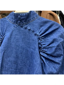 Nemokamas pristatymas sunkiųjų amatų moterų džinsinio mados klostuotas trumpas marškinėliai 2020New ponios rudenį ilgomis rankovėmis atgal užtrauktuką viršuje marškinėliai XL