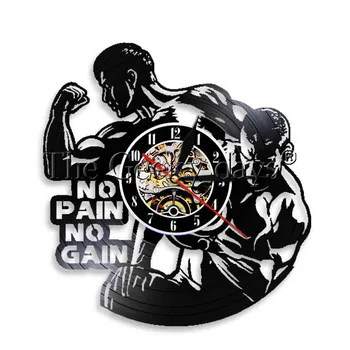 No Pain No Gain LED Apšvietimas Bodybuiling Vinilo Įrašas Sieninis Laikrodis Gimnastikos Fitneso Kabo Lempa 3D Apšviesta Sporto Naktį Lempa