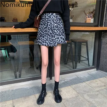 Nomikuma Streetwear Didelis Juosmens Leopard Sijonas Moterims Rudenį Naujų Pusėje Mygtukai Nereguliarus Retro Mini Sijonai Moterų Faldas Mujer 3d086