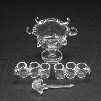 Odoria 1:12 Miniatiūriniai Stiklo Kokteilių Punch Dubenėlį su 1 Šaukštu Ir 6 Puodeliai Stiklo Indai Lėlių Virtuvės Reikmenys
