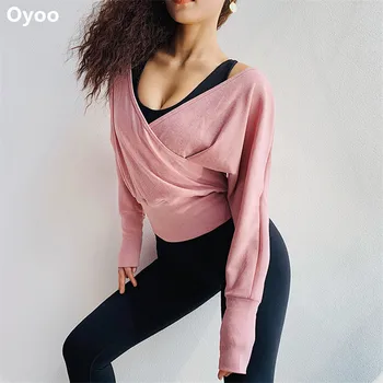 Oyoo Super minkštas slouchy megzti sporto top ilgomis rankovėmis seksualus išpjovą jogos marškinėliai pink būklės moterims jersey žiemos sporto apranga