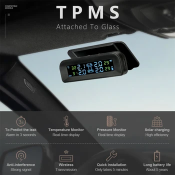 PSSS Automobilių Padangų Slėgio stebėjimo Sistema Automatinis Ryškumo Kontrolės USB ir Saulės Įkrovimo Reguliuojamas LCD Ekranas, 4 Exter Jutiklis