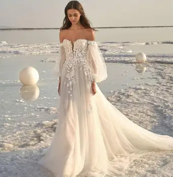 Paplūdimys Vestuvių Suknelė 2021 Off Peties Paprasta Ilgomis Rankovėmis Užsakymą Grindų Ilgio Baltos Spalvos Tiulis Vestuvinės Suknelės Valymo Traukinio