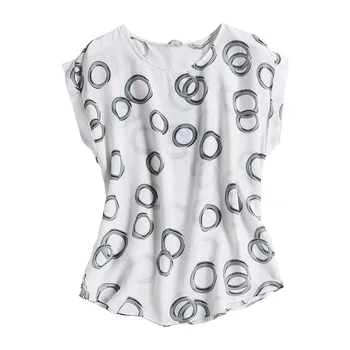 Patogiai Spausdinti apvalios Kaklo Šilko trumparankoviai marškinėliai moteriški suvarstomi Rankovės Šilko Top Moterims