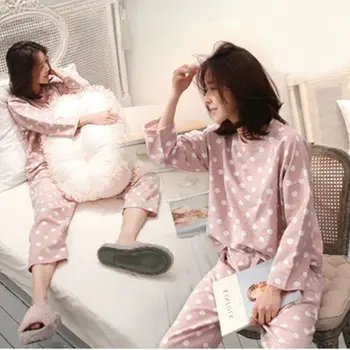 Patogus Kawaii Moterų Sleepwear Apvalios Kaklo Dviejų dalių Rinkiniai Dot Spausdinti Ilgas Rankovėmis Viršūnes + Ilgas Kelnes Moterų Pajama Rinkinys
