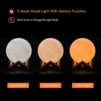 Patvarus Naktį Žibintai Įkraunamas LED 3D Spausdinimo Mėnulio Šviesos 3 Spalvų Touch Pritemdomi Miegamojo Naktį Lempa