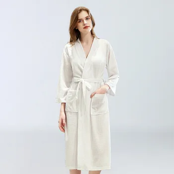 Pavasarį, Vasarą Pižamą Moterų Kimono Kietas Sleepwear V-Kaklo, ilgomis Rankovėmis su Varčias Pliurpalas Moterų Homewear Padažu Suknelė