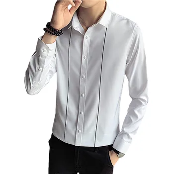 Pavasarį ir Rudenį-Nauja, Vyrų Ilgio Rankovėmis Dryžuotas Marškinėliai Balti Juodas Vyras Viršų Mados Slim Camisa S-XXXL