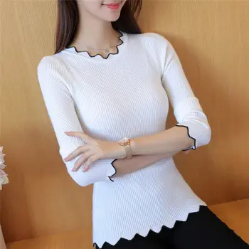 Pavasarį ir rudenį naujų juoda ir balta vidinė megztiniai ilgomis rankovėmis megztinis dugno megztiniai moterims slim stora nėrinių apykaklę