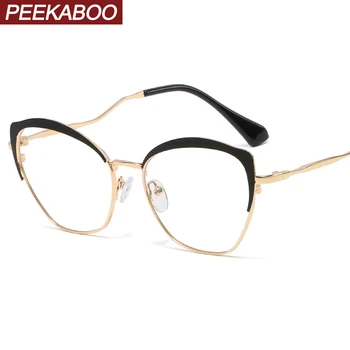 Peekaboo mados metaliniai akinių rėmeliai cat eye gold juoda balta moterų akiniai, optiniai, skaidraus lęšio gimtadienio dovanos moterims