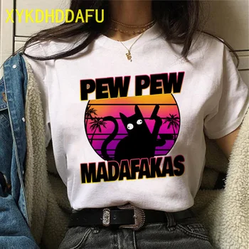 Pew Pew Madafakas Women Marškinėliai Black Cat Marškinėlius Meme Harajuku Atsitiktinis marškinėliai Harajuku 90s Streetwear Moterų Grunge Viršūnes Tee