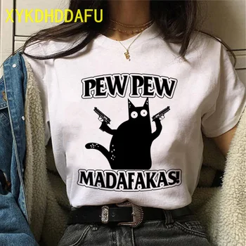 Pew Pew Madafakas Women Marškinėliai Black Cat Marškinėlius Meme Harajuku Atsitiktinis marškinėliai Harajuku 90s Streetwear Moterų Grunge Viršūnes Tee