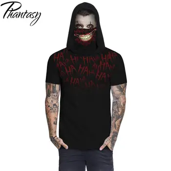 Phantasy Vasaros Vyrų T-shirt su Kauke 3D Spausdinimo Pusę Veido Kaukė T Marškinėliai su Gobtuvu Marškinėlius Šydas Vyrų Drabužiai.