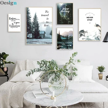 Pinturas de montanha de neve na parede, lago, floresta, casa, posteres e impressões, imagem para decoração de sala de estar, pin
