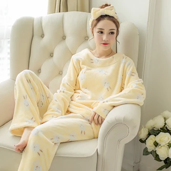 Pižama Moterims, Žiemą Šilta Flanelė Sleepwear Ilgomis Rankovėmis Animacinių Filmų Storio Koralų Aksomo Vilnos Pižama Homewear Pijama